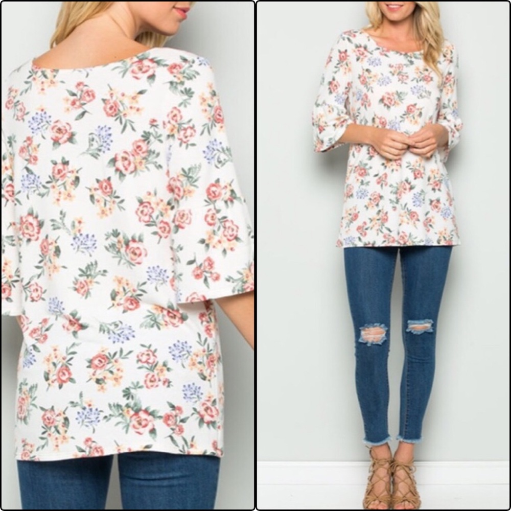 NWT Cream Floral Bell Sleeve Tunic Top